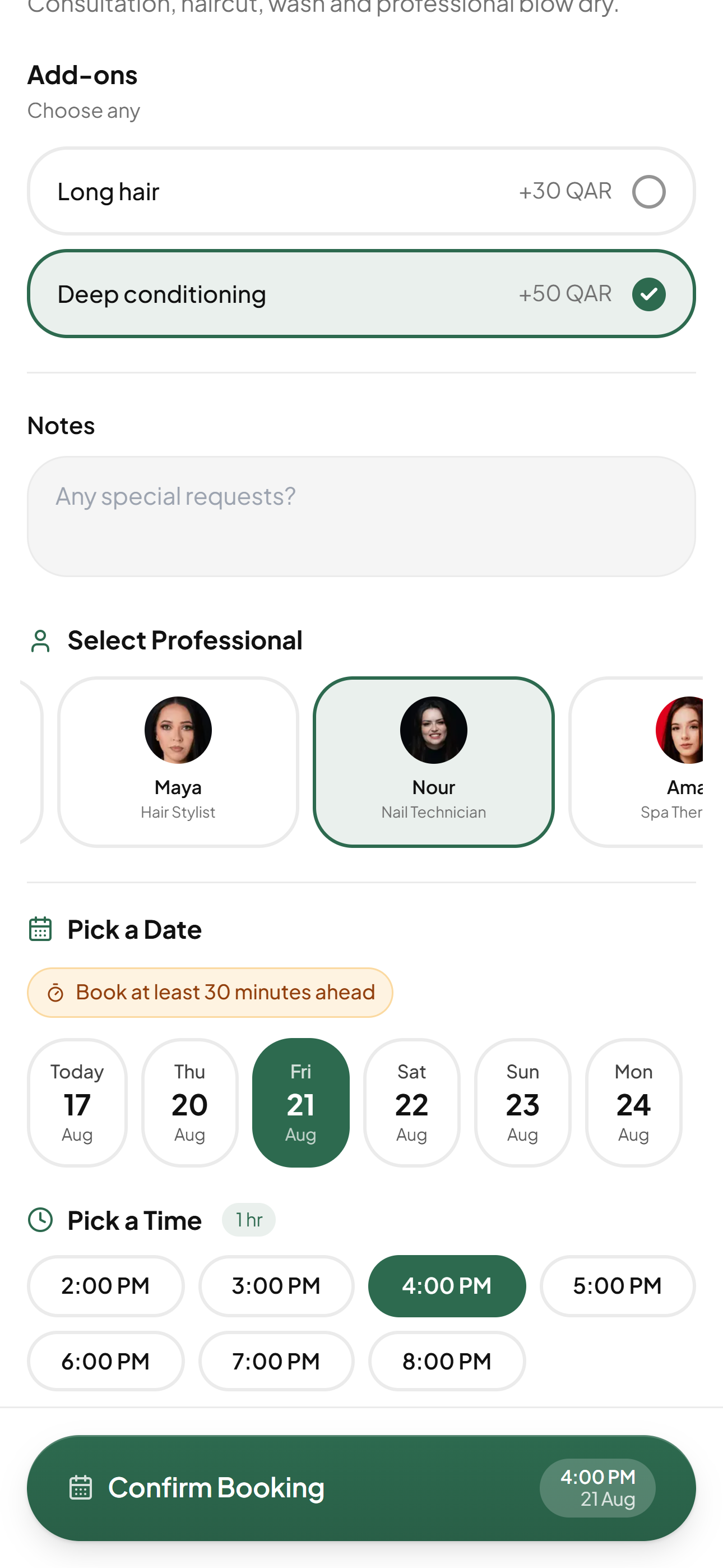 Booking screen with service, team member, date, and time pickers.