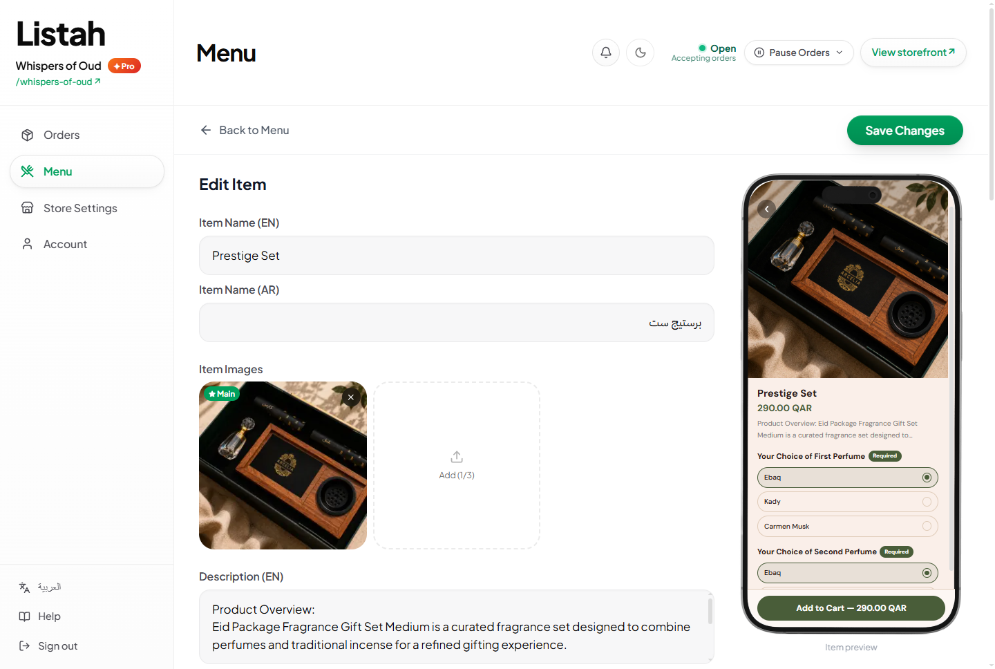 Item editor with a live preview showing price and options exactly as a customer sees them.